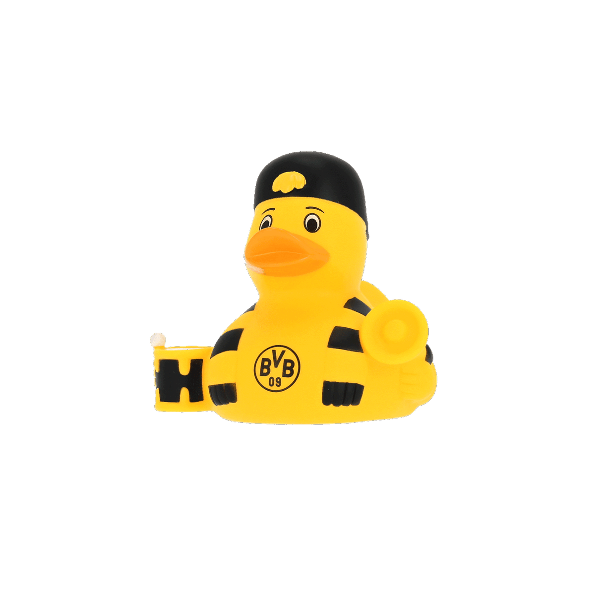 Schwarzgelbe BVB Badeente im Trommler-Design mit BVB-Logo und Trommel, ideal für Fans von Borussia Dortmund.
