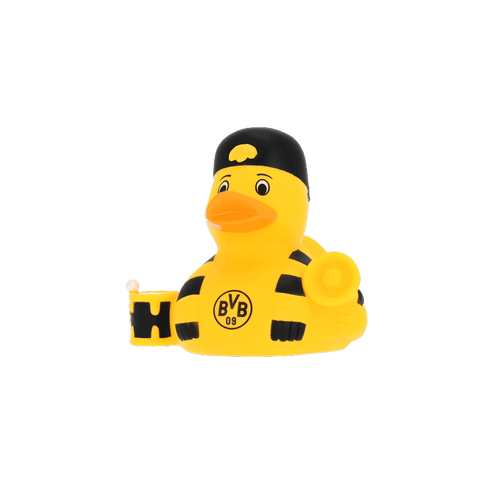 Schwarzgelbe BVB Badeente im Trommler-Design mit BVB-Logo und Trommel, ideal für Fans von Borussia Dortmund.