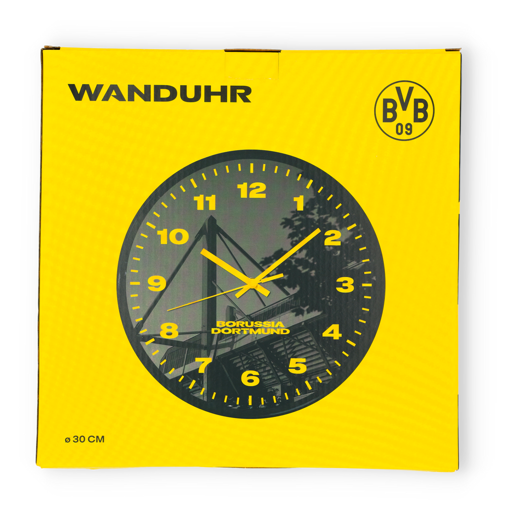 Reloj de pared negro del BVB con números amarillos, motivo del estadio y el logotipo del Borussia Dortmund; artículo para auténticos aficionados, diámetro de 30 cm.