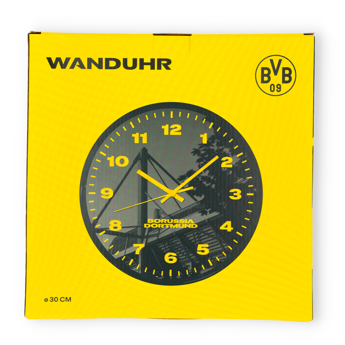 Reloj de pared negro del BVB con números amarillos, motivo del estadio y el logotipo del Borussia Dortmund; artículo para auténticos aficionados, diámetro de 30 cm.
