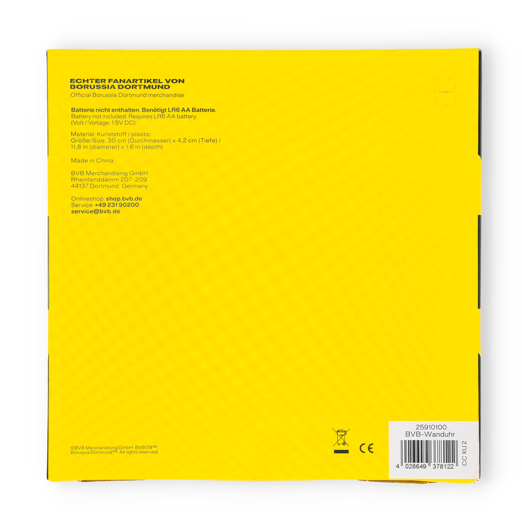 Official BVB wall clock in the black-and-yellow stadium design. A must-have for true Borussia Dortmund fans.