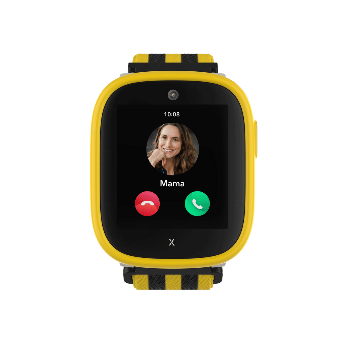 Montre connectée pour enfants BVB Edition Xplora X6Play, couleur noir et jaune, avec prise en charge eSIM intégrée, appareil photo et affichage des appels, idéale pour les jeunes supporters du Borussia Dortmund.