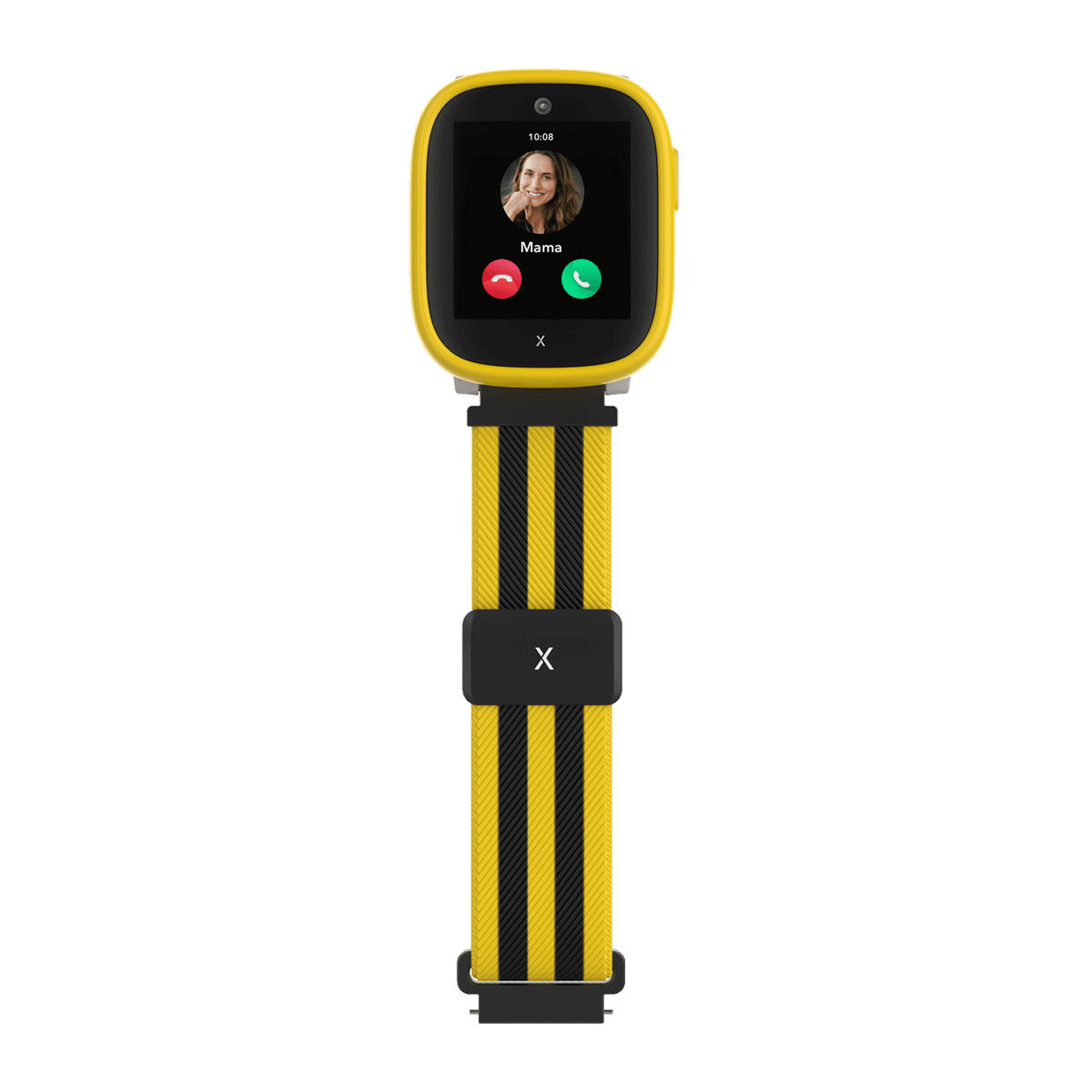 L'édition BVB de la montre connectée pour enfants Xplora X6Play, en noir et jaune avec un bracelet à rayures, équipée d'une eSIM et de fonctionnalités d'application pour la communication et la sécurité.