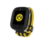 Montre connectée pour enfants Xplora X6Play « Édition BVB » aux couleurs noir et jaune, avec eSIM intégrée, logo du BVB à l'écran et bracelet rayé noir et jaune.