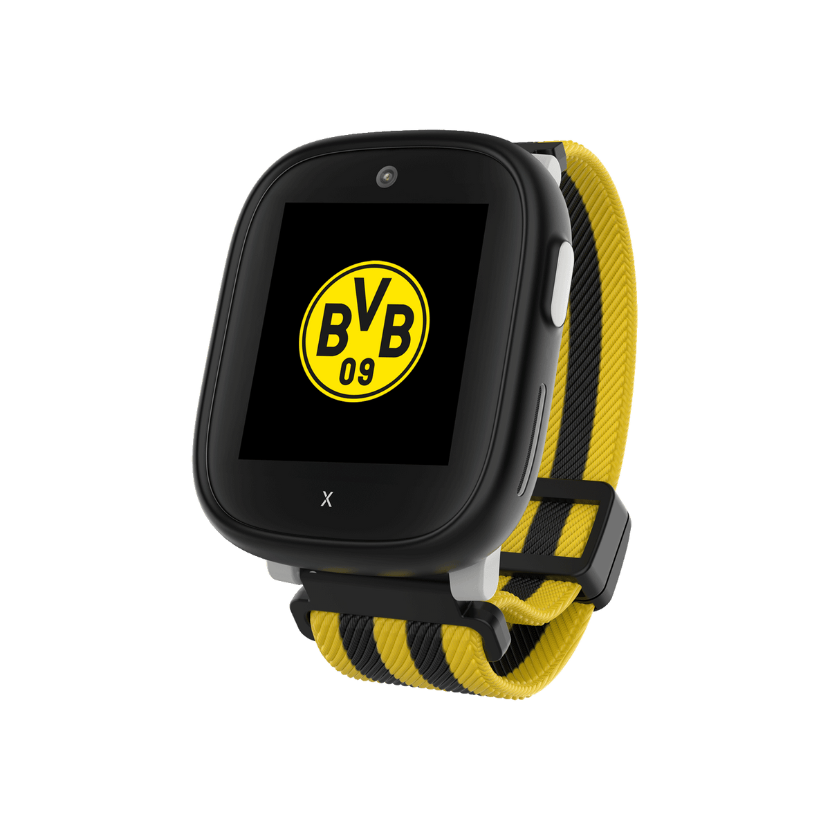 Montre connectée pour enfants Xplora X6Play « Édition BVB » aux couleurs noir et jaune, avec eSIM intégrée, logo du BVB à l'écran et bracelet rayé noir et jaune.