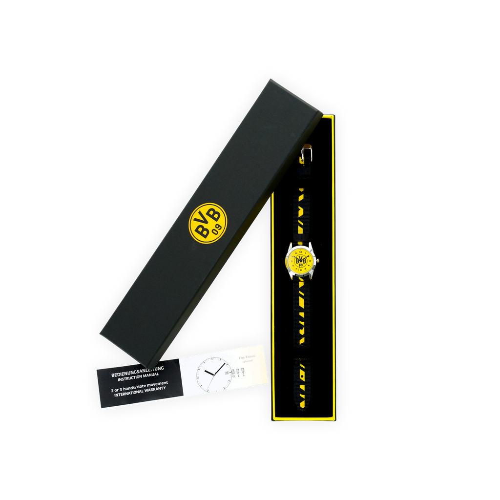 这款黑色和黄色相间的多特蒙德（BVB）儿童手表印有俱乐部徽标，并配有配套包装，是绝佳的球迷周边商品或礼物。
