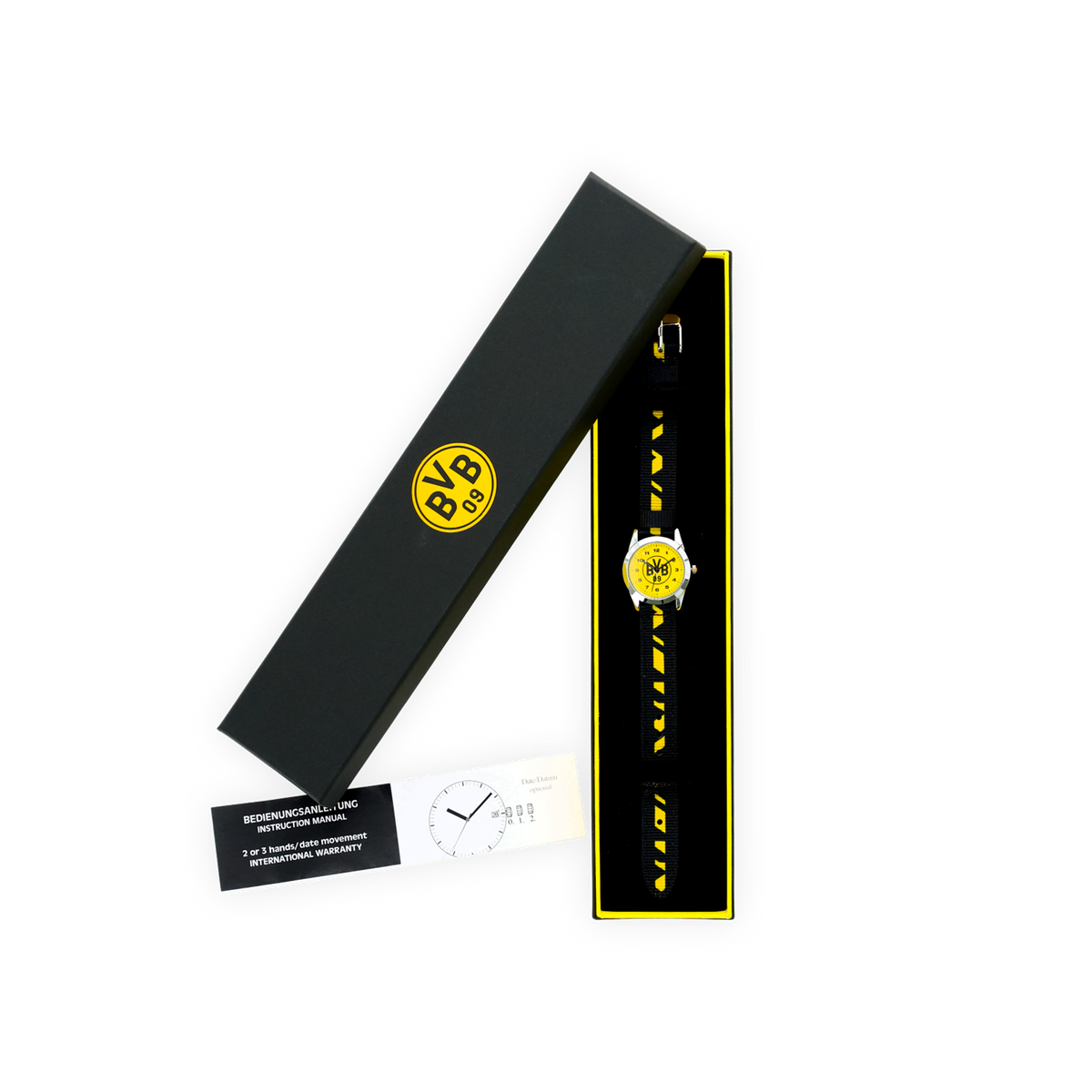 Schwarzgelbe BVB Kinderuhr mit Vereinslogo und passender Verpackung, ideal als Fanartikel oder Geschenk.