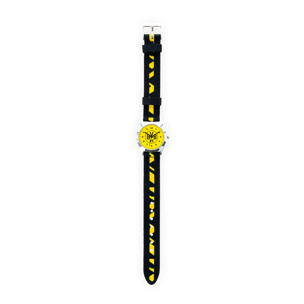 一款高品质的多特蒙德（BVB）儿童手表，采用醒目的黑黄配色设计，表盘为黄色并印有BVB队徽，配有坚固耐用的可调节表带。