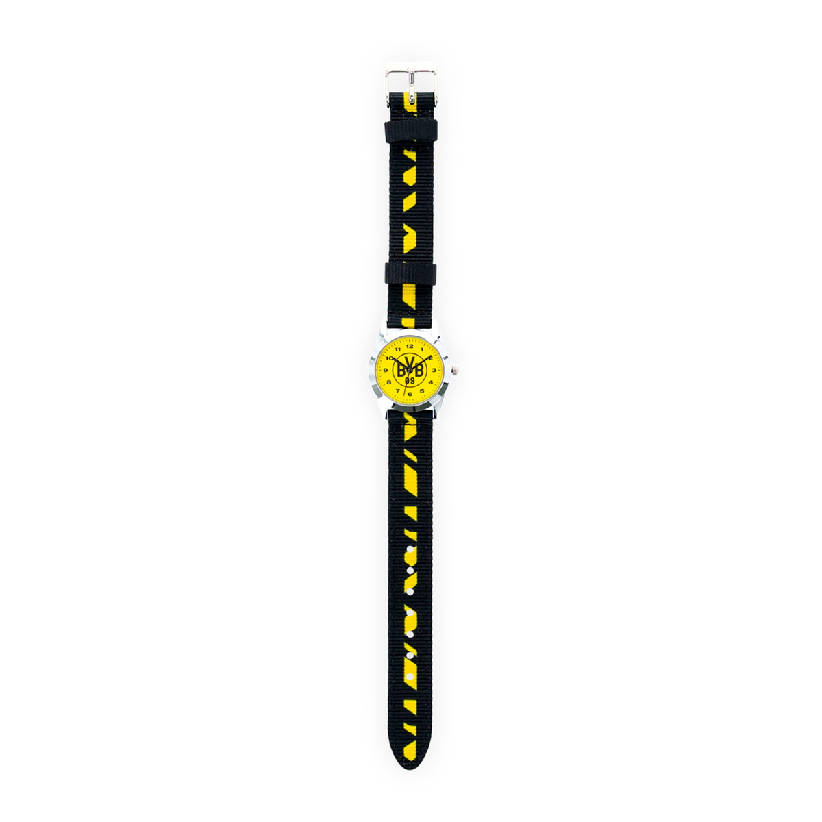 Hochwertige BVB Kinderuhr mit auffälligem schwarzgelbem Design, einem gelben Zifferblatt mit dem BVB-Emblem und robustem, verstellbarem Armband.