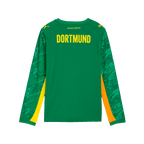 Rückansicht des grünen Borussia Dortmund Torwarttrikots für Kinder in Größe 25-26, mit langen Ärmeln und gelben sowie grünen Designelementen.