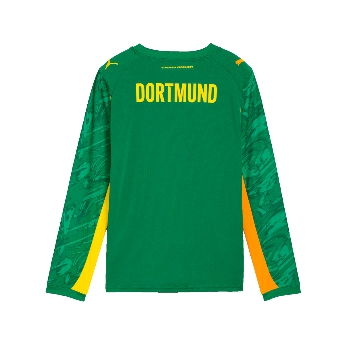Rückansicht des grünen Borussia Dortmund Torwarttrikots für Kinder in Größe 25-26, mit langen Ärmeln und gelben sowie grünen Designelementen.