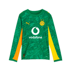 Grünes langärmeliges Torwarttrikot für Kinder von Borussia Dortmund aus der Saison 2025/26 mit gelben Akzenten, Puma-Logo, BVB-Emblem und Vodafone-Logo.