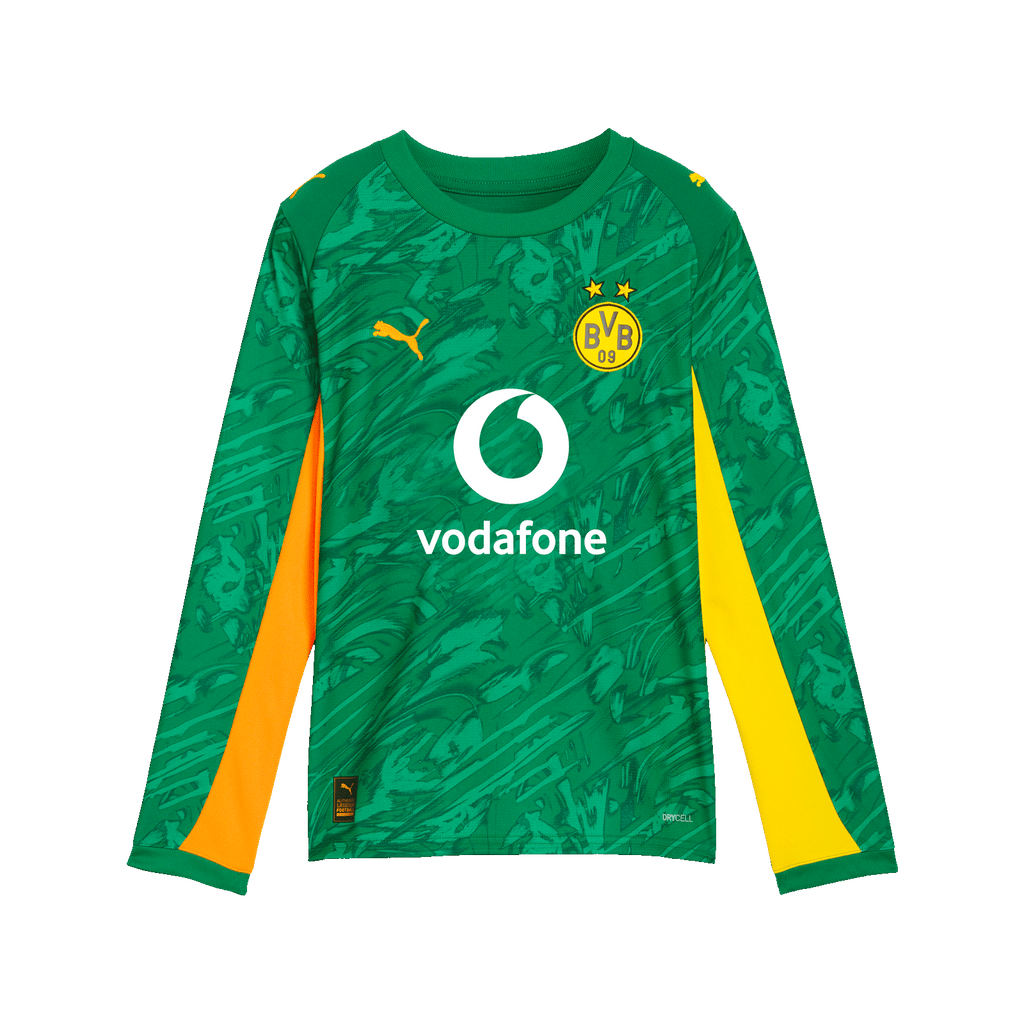 Grünes langärmeliges Torwarttrikot für Kinder von Borussia Dortmund aus der Saison 2025/26 mit gelben Akzenten, Puma-Logo, BVB-Emblem und Vodafone-Logo.