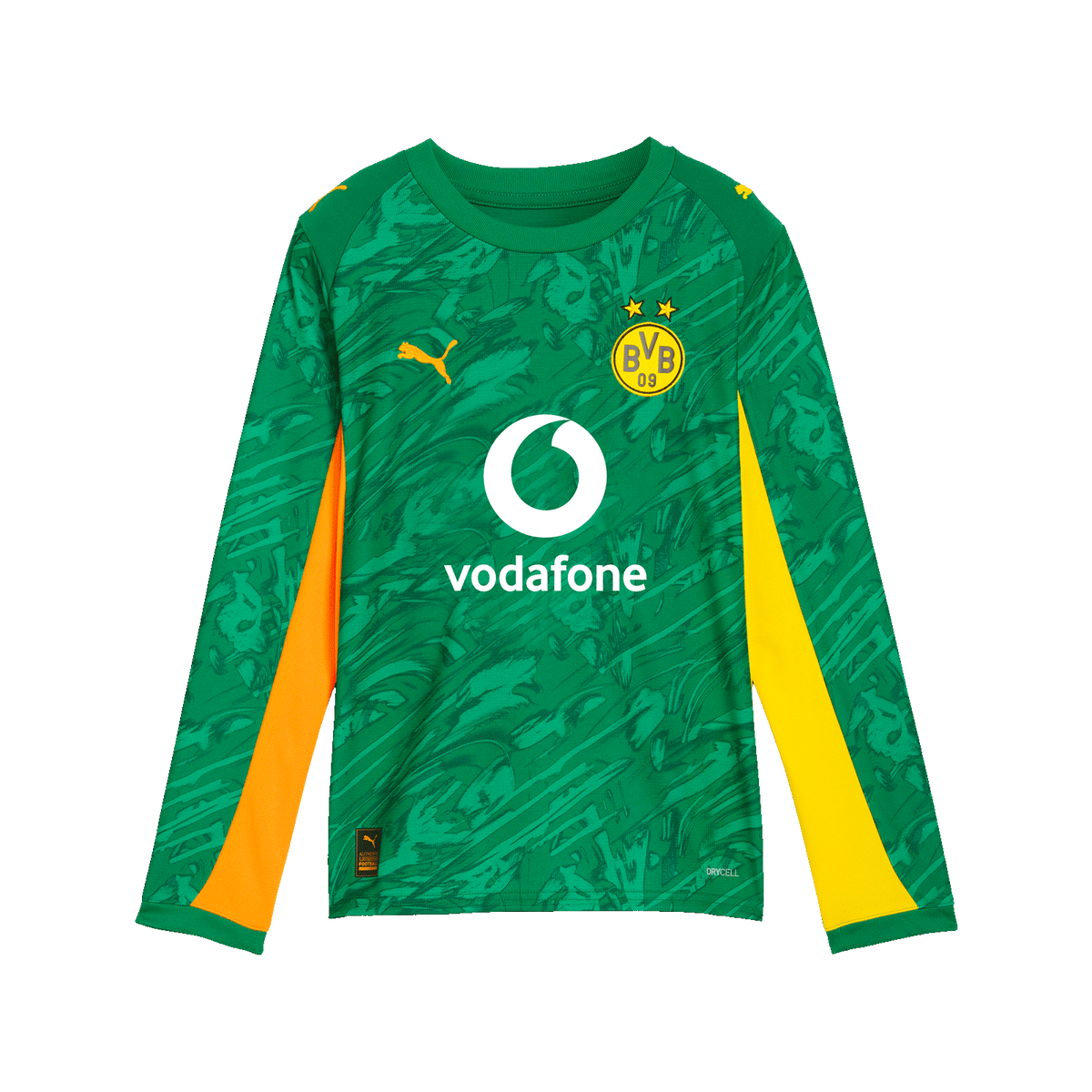 Grünes langärmeliges Torwarttrikot für Kinder von Borussia Dortmund aus der Saison 2025/26 mit gelben Akzenten, Puma-Logo, BVB-Emblem und Vodafone-Logo.