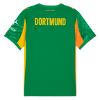 Grünes Torwarttrikot von Borussia Dortmund 2025/26, Rückansicht, mit gelbem 'DORTMUND'-Schriftzug auf dem Rücken und Polestar-Logo auf dem Ärmel.