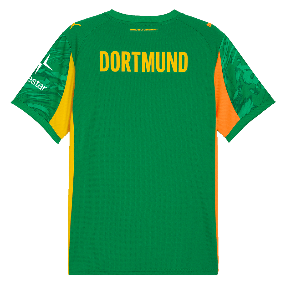 Grünes Torwarttrikot von Borussia Dortmund 2025/26, Rückansicht, mit gelbem 'DORTMUND'-Schriftzug auf dem Rücken und Polestar-Logo auf dem Ärmel.