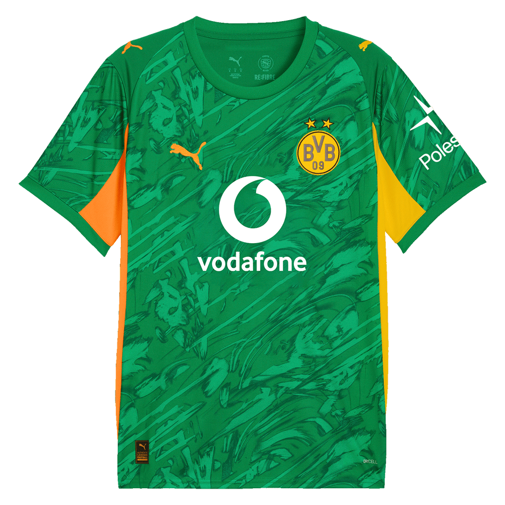 Das grüne Borussia Dortmund Torwarttrikot 25-26 mit Vodafone-, Polestar- und Puma-Logo in der Vorderansicht, Design mit gelben Akzenten auf den Ärmeln.