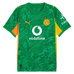 Grünes Borussia Dortmund Torwarttrikot 25-26 mit auffälligem Muster, Vodafone-Logo, Polestar-Logo, Puma-Logo und BVB-Emblem in der Vorderansicht.