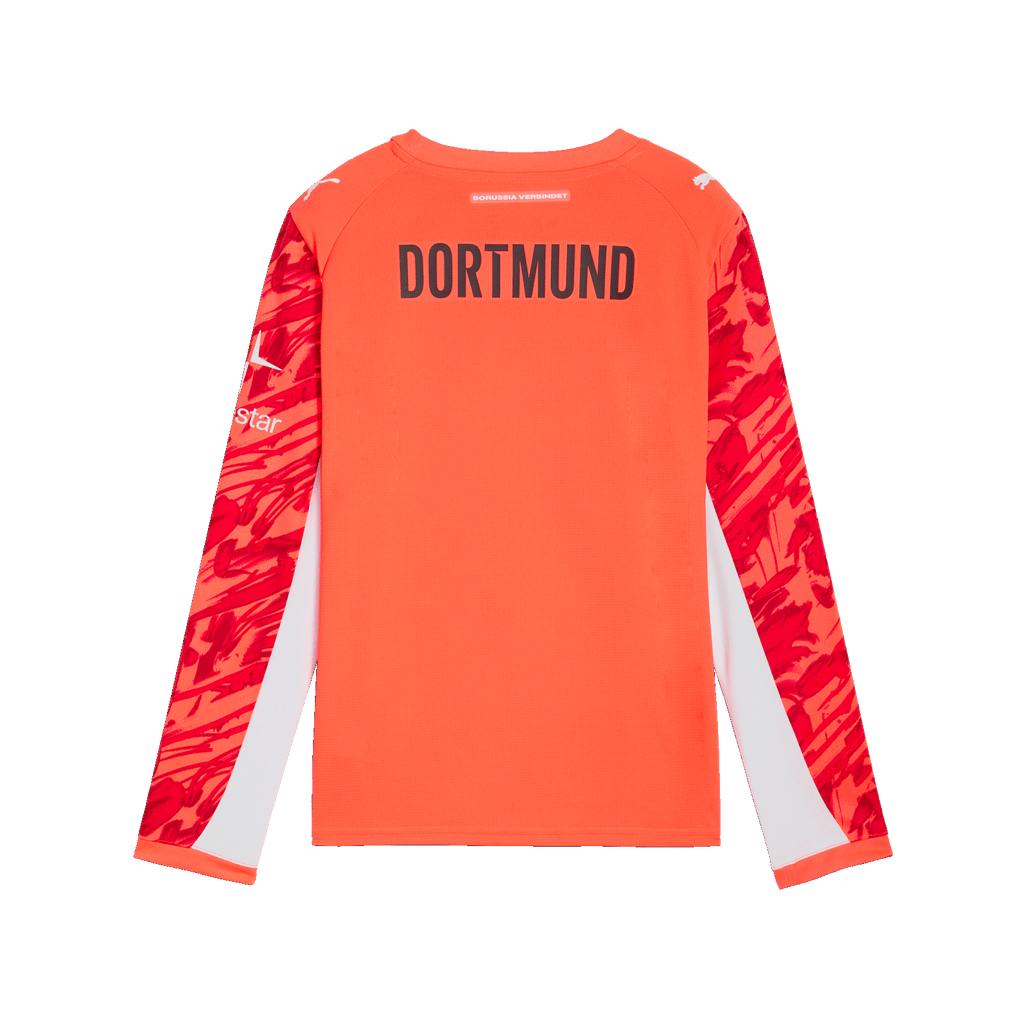Rückansicht des roten BVB-Torwarttrikots aus der Saison 2025/26 für Kinder, mit langen Ärmeln und Logos von Puma und Polestar.