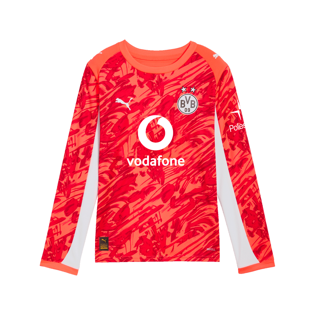 Langärmliges rotes BVB-Torwarttrikot für Kinder mit Vodafone- und Polestar-Logo für die Saison 25/26, Puma-Design.
