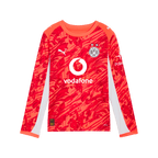 Langärmliges rotes BVB-Torwarttrikot für Kinder mit Vodafone- und Polestar-Logo für die Saison 25/26, Puma-Design.