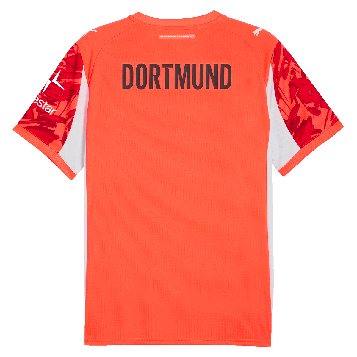 Rote Rückansicht des BVB-Torwarttrikots für die Saison 2025/26 mit Dortmund-Schriftzug und auffälligen Ärmeldetails in Rot und Weiß.