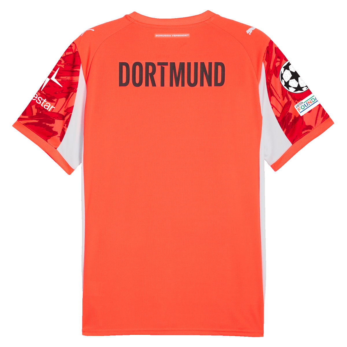 Rotes BVB-Torwarttrikot 2025/26 in Rückansicht, mit DORTMUND-Schriftzug und roten Ärmelmustern.