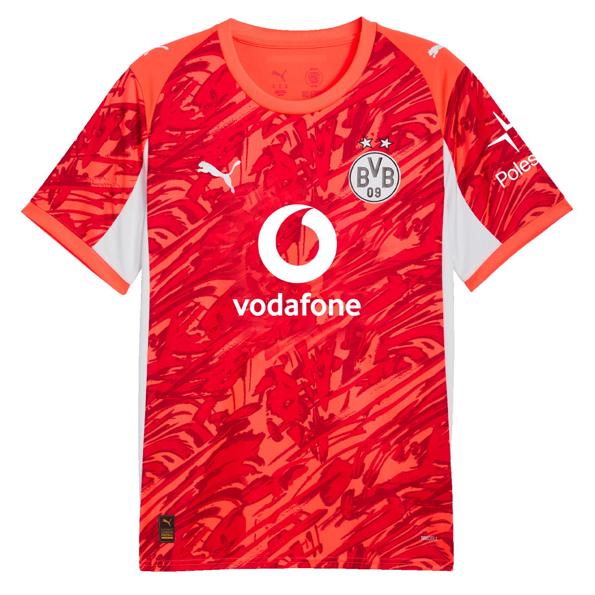 Das rote BVB-Torwarttrikot der Saison 2025/26 mit auffälligem Muster, weißen Ärmeln, weißem Vodafone-Logo, BVB-Emblem, Polestar-Logo und Puma-Logo auf der Vorderseite.