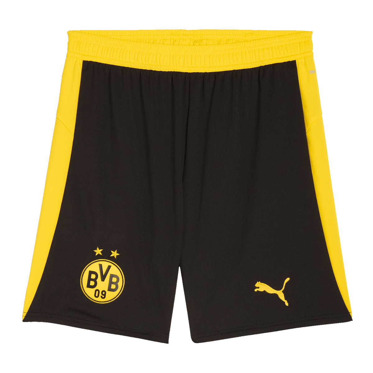 El pantalón negro y amarillo del BVB para la temporada 2025/26, con el logotipo del BVB y el de PUMA.