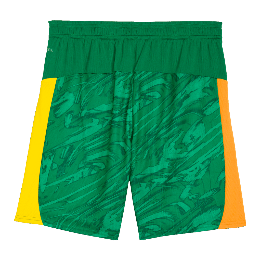 Pantalon de gardien de but vert du BVB de la saison 2025/26, orné de motifs modernes et de touches de jaune et d'orange, adapté aux enfants.