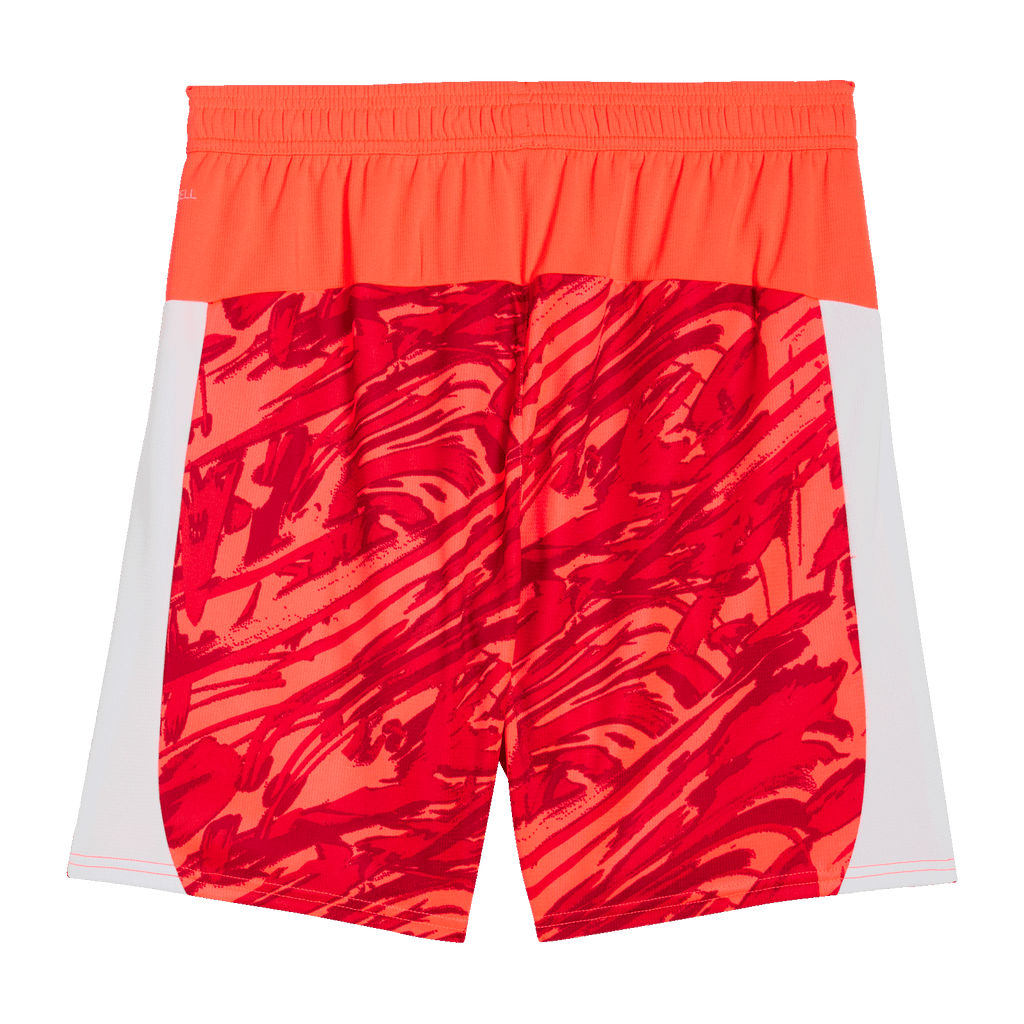 Pantalones rojos de portero del BVB con un llamativo estampado gráfico, cintura elástica y detalles blancos en los laterales, temporada 25/26.