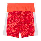 Pantalones rojos de portero del BVB con un llamativo estampado gráfico, cintura elástica y detalles blancos en los laterales, temporada 25/26.