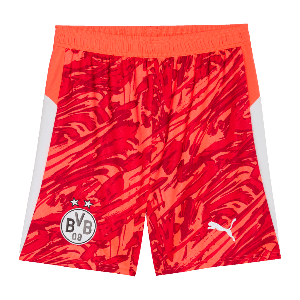 Pantalones rojos de portero del Borussia Dortmund para la temporada 2025/26, con un diseño llamativo, el logotipo blanco de PUMA y el escudo del BVB.