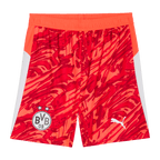 Pantalones rojos de portero del Borussia Dortmund para la temporada 2025/26, con un diseño llamativo, el logotipo blanco de PUMA y el escudo del BVB.