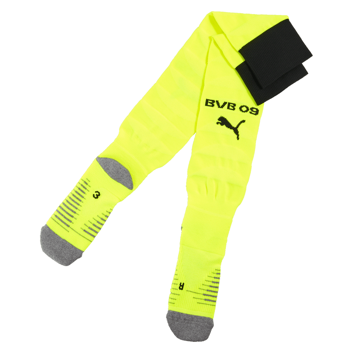 Chaussettes du BVB d'un jaune vif, ornées du logo Puma noir et de l'inscription « BVB-09 » ; bouts gris : la tenue de football idéale pour les supporters.