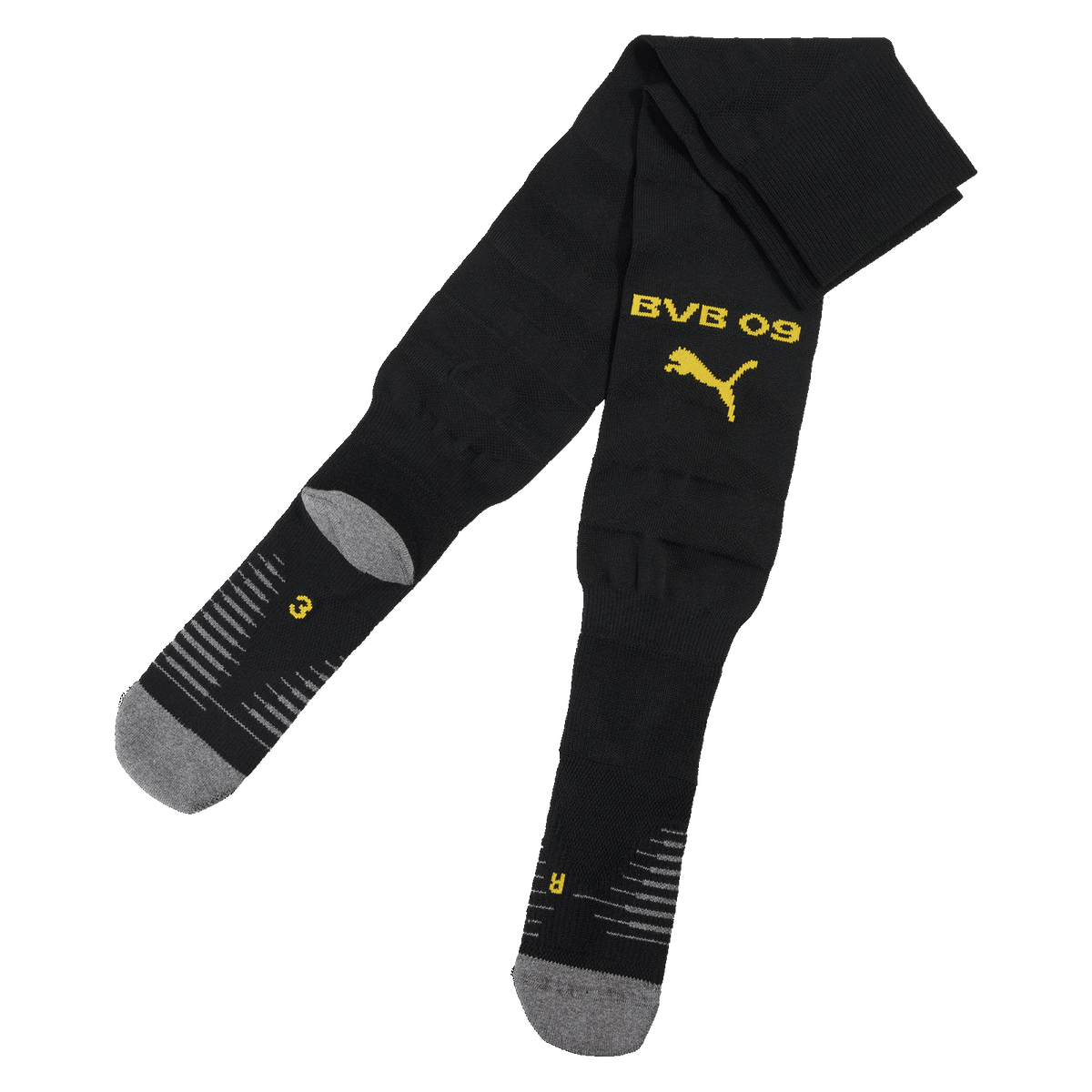 Chaussettes noires du BVB de la saison 2025/26, ornées du logo jaune « BVB 09 » et du chat PUMA, avec le bout des orteils contrasté en gris.