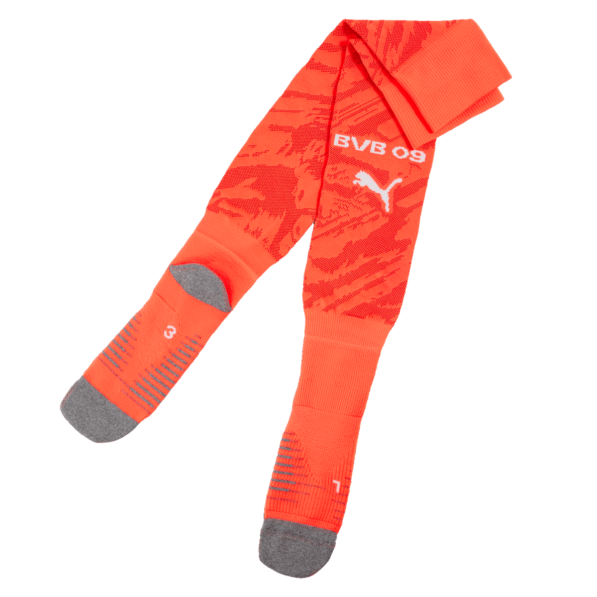 Chaussettes rouges BVB 09 avec des bandes grises au niveau du pied, un logo Puma blanc et l'inscription « BVB 09 », idéales pour les fans de football et adaptées aux pointures 25-26.