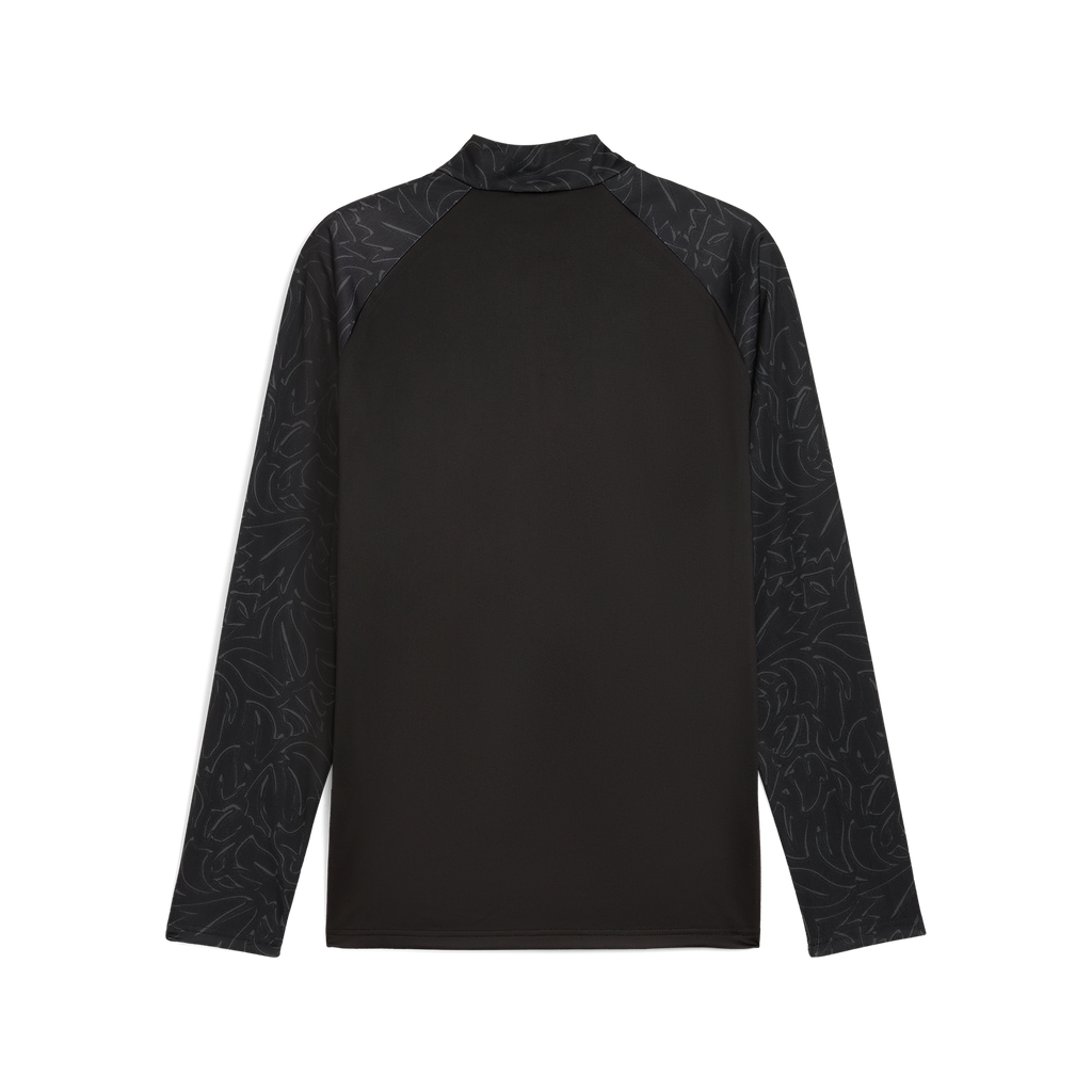 Schwarzes BVB Warm-Up Zip-Shirt 25-26 in Rückansicht, mit langen Ärmeln und dezentem Muster für Fans und Training.