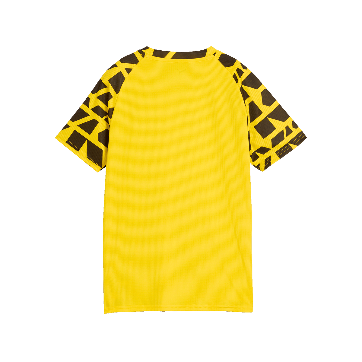 Rückansicht eines gelben BVB Warm-up T-Shirts für Kinder, mit schwarzgelbem grafischem Muster auf den Ärmeln. Offizieller Borussia Dortmund Fanartikel.