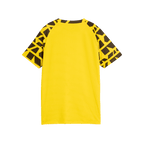 Vista posteriore di una maglietta gialla da riscaldamento del BVB per bambini, con motivo grafico nero e giallo sulle maniche. Articolo ufficiale per i tifosi del Borussia Dortmund.