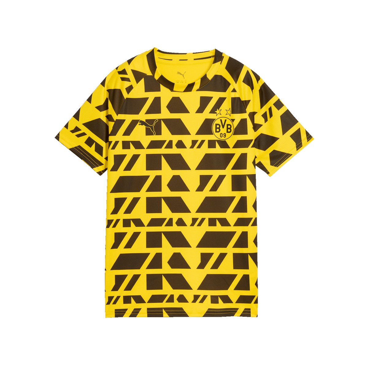 Gelbes BVB Warm Up T-Shirt für Kinder mit auffälligem schwarzgelbem Muster, BVB-Emblem und PUMA-Logo auf der Vorderseite.