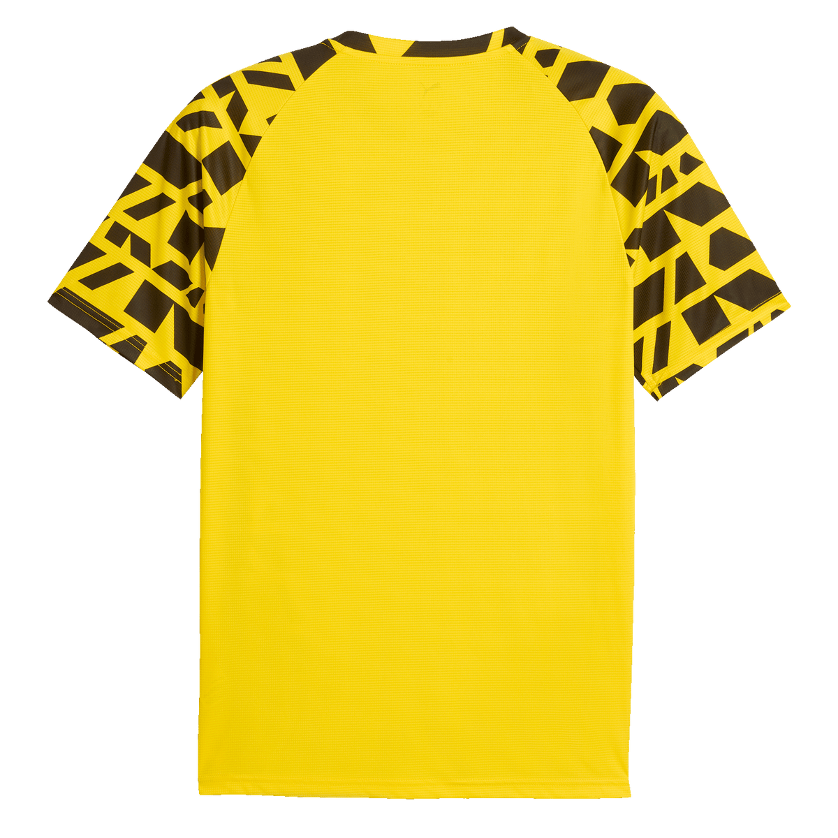 Vista posteriore della maglietta gialla BVB Warm Up con dettagli nero-gialli sulle maniche e design sportivo.