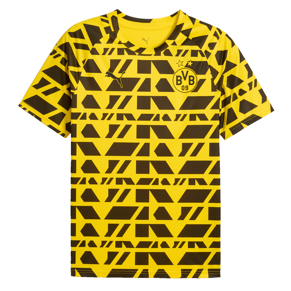 Maglietta BVB Warm Up in giallo brillante con un accattivante motivo nero e giallo, logo Puma nero ed emblema BVB 09 sul davanti.