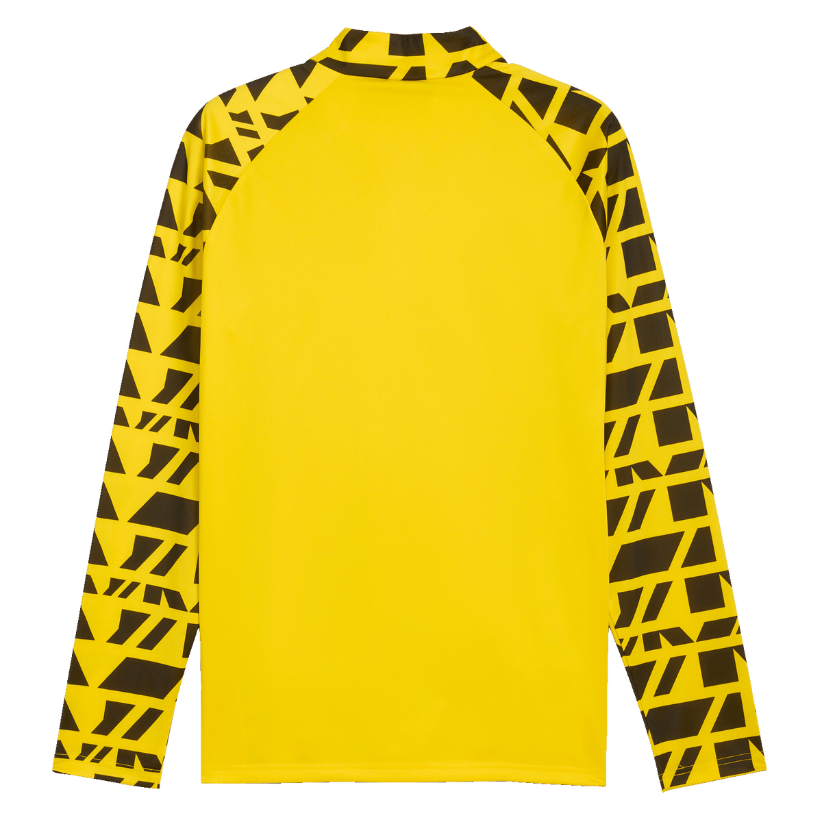 Das BVB Warm Up Zip-Shirt 25-26 in Gelb mit langen Ärmeln und schwarzgelben Mustern auf den Armen, sportliches Design, Rückansicht.