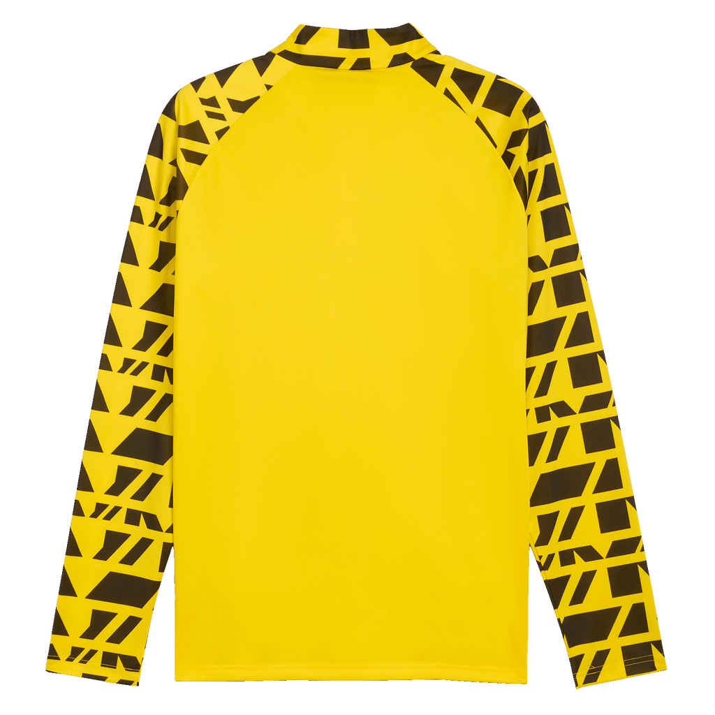 The BVB Warm Up Zip-Up Shirt 25-26 in yellow with long sleeves and black-and-yellow patterns on the arms, sporty design, rear view.