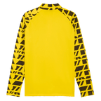 The BVB Warm Up Zip-Up Shirt 25-26 in yellow with long sleeves and black-and-yellow patterns on the arms, sporty design, rear view.