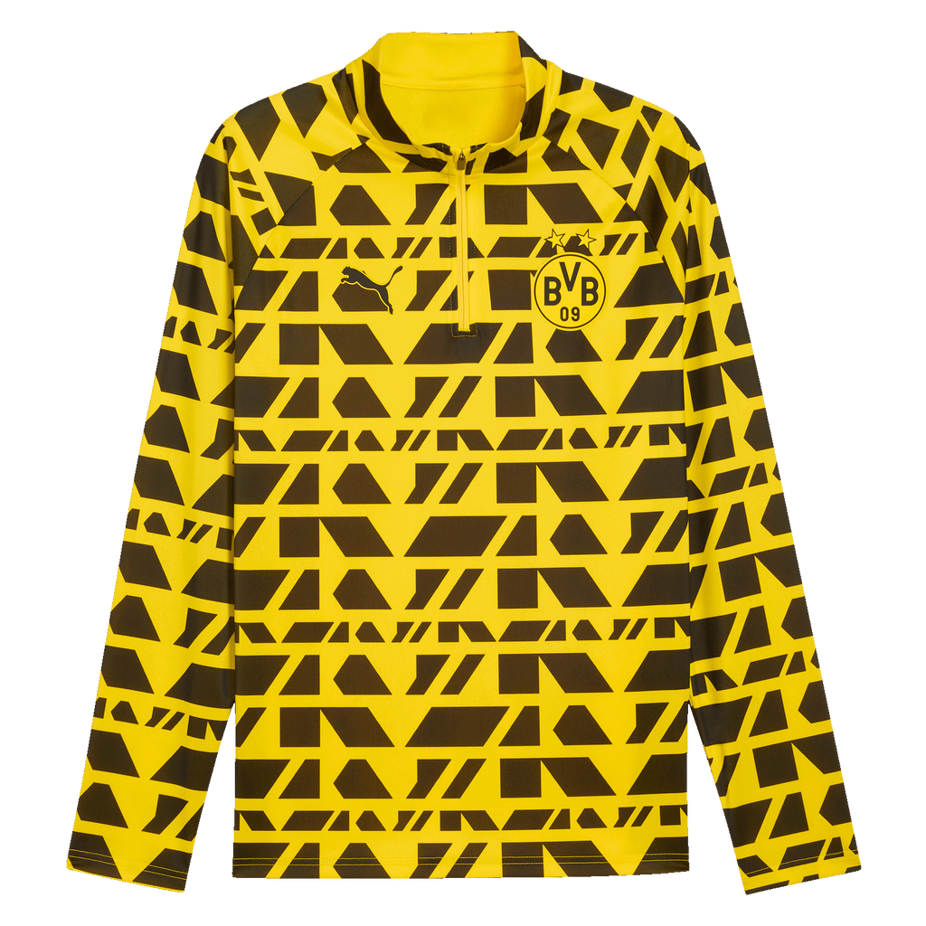 Black and yellow BVB Warm-Up Zip-Shirt 25-26 by PUMA with a geometric pattern, club logo, and long sleeves—front view