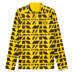 Black and yellow BVB Warm-Up Zip-Shirt 25-26 by PUMA with a geometric pattern, club logo, and long sleeves—front view