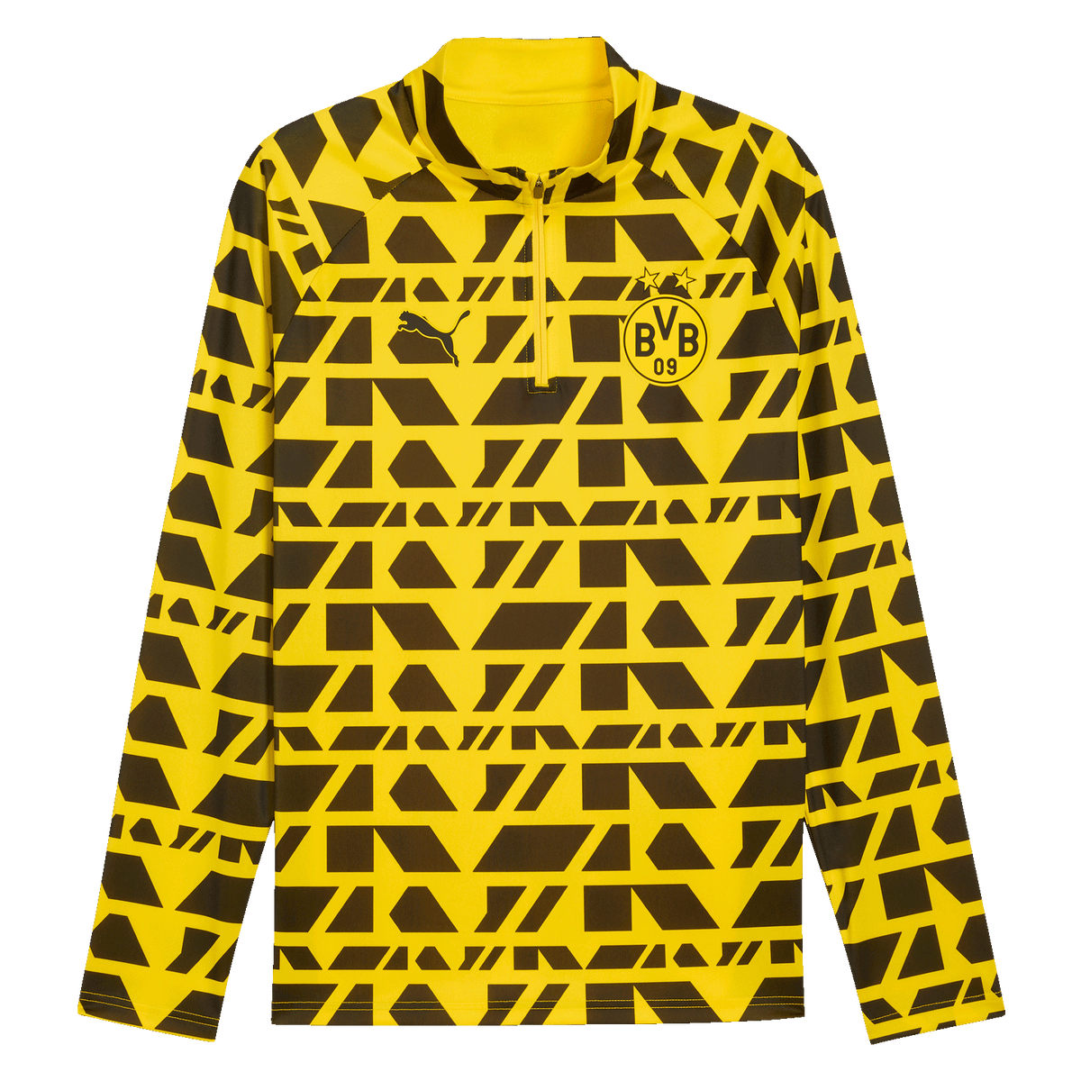 Schwarzgelbes BVB Warm-Up Zip-Shirt 25-26 von PUMA mit geometrischem Muster, Vereinslogo und Langärmeln in Vorderansicht