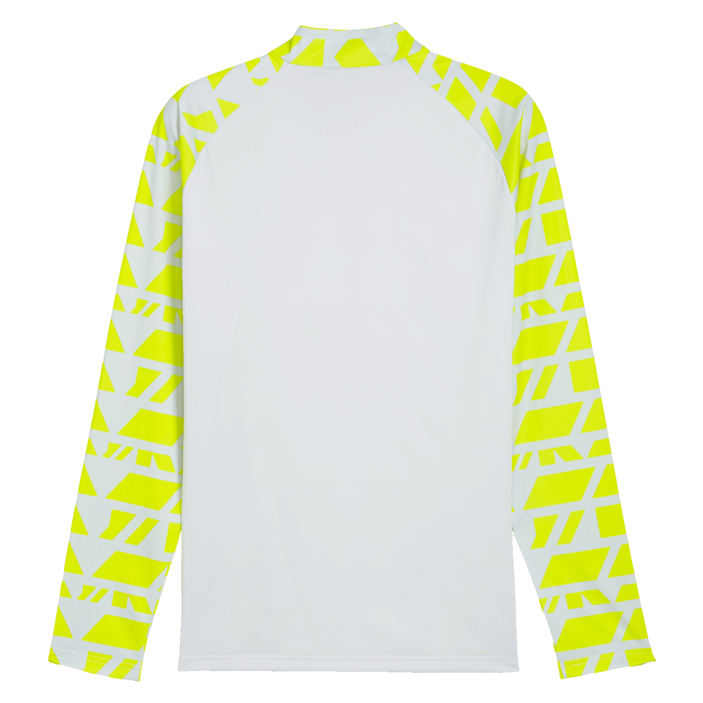 Rear view of the BVB Warm Up zip-up shirt in silver-gray with neon-yellow graphic elements on the sleeves, ideal for workouts and leisure.